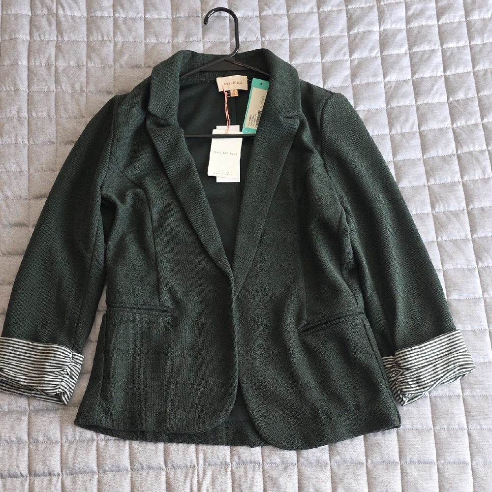 Skies Are Blue Dark Green Blazer with Striped Cuffs